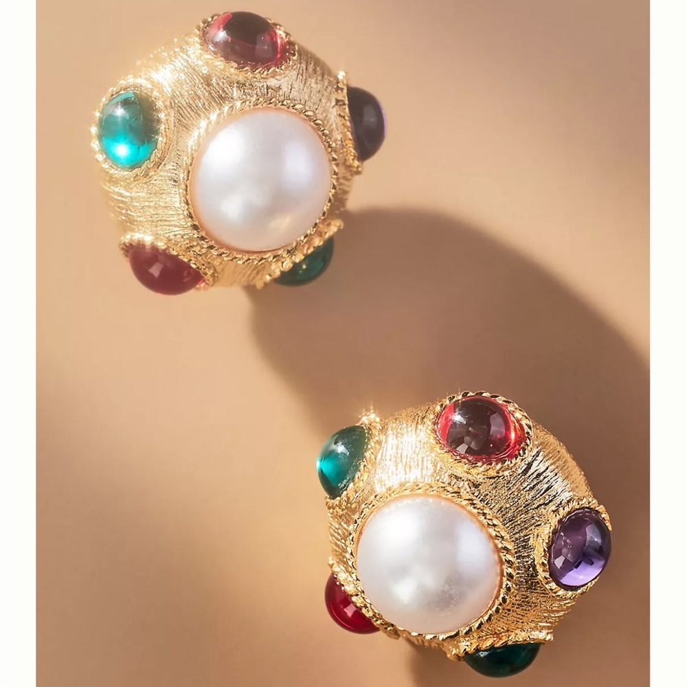 Kenneth Jay Lane Satin Gold & Pearl Post Earrings